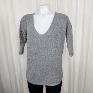 Express Gray Glitter Knit London Sweater Dolman Batwing 3/4 Sleeve Deep-V Neck
